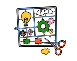 An illustration of a lightbulb, cogs, scissors and jigsaw pieces on a board