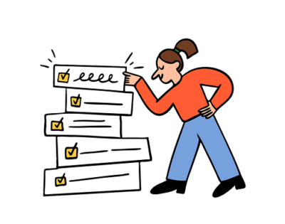 A cartoon lady with an orange top and blue trousers touching a pile of boxes