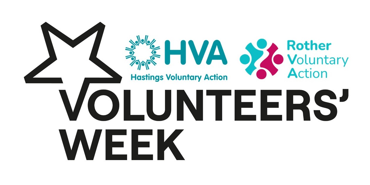 An image showing the logos for Volunteers' Week, Hastings Voluntary Action and Rother Voluntary Action