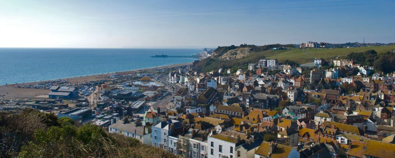 A view over Hastings Old Town, towards the sea