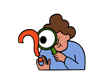 Illustration of a person holding a magnifying glass and inspecting a large question mark