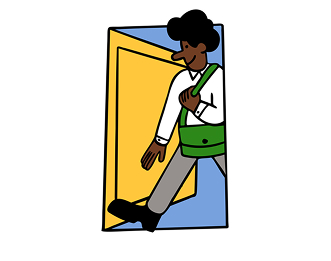 Illustration of a person walking through a door
